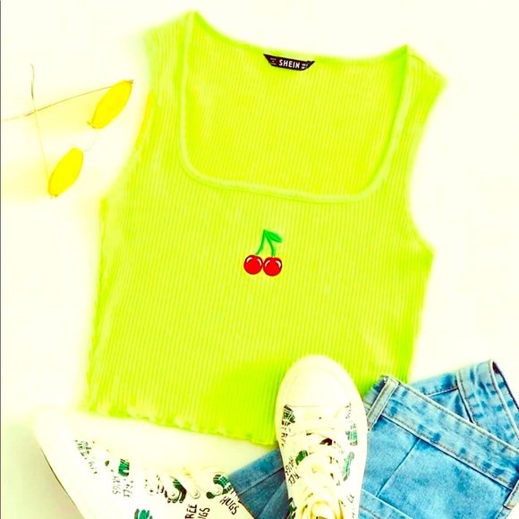 SHEIN Tops - 🍒NWT Green Cropped Cherry Embroidered Top 🍒